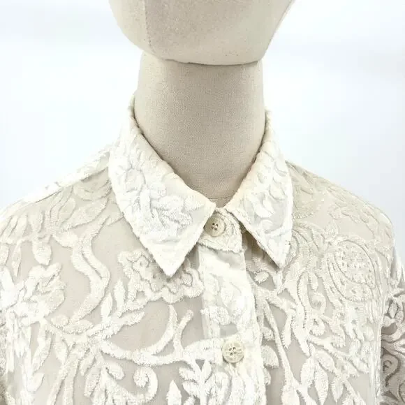 Vintage 90s Gotcha Covered Ivory Velvet Burnout Floral Blouse - Picture 2 of 8